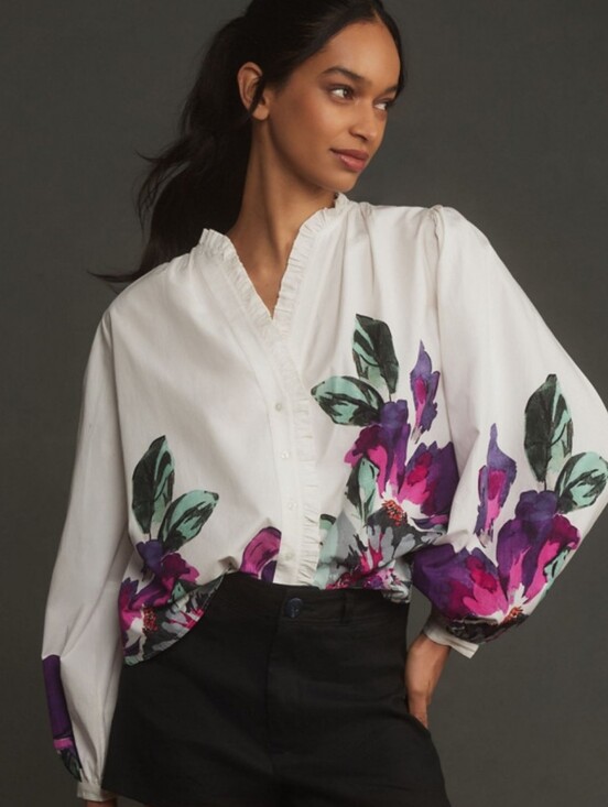 Anthropologie Tops - Anthropologie Forever That Girl Floral Ruffle Button Down Peasant Blouse Size L